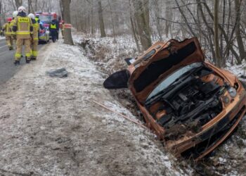Chwila nieuwagi na zakręcie i groźnie wyglądający wypadek. BMW w rowie, pięć osób w aucie